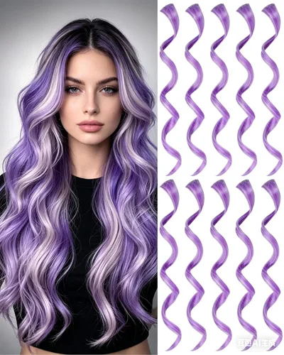 Vista 9 de 10 extensiones de cabello sintético rizado y ondulado negro con clip, reflejos de fiesta de neón arcoíris, accesorios de cabello coloridos