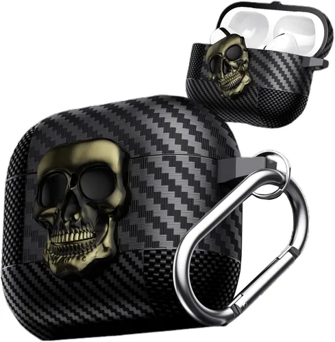 Vista 18 de Funda para AirPods Pro de 2ª generación, calavera con cerradura y llavero para hombres, divertida fibra de carbono de cuerpo completo, a prueba
