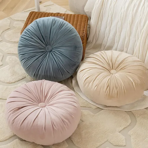 Vista 4 de MOJUN Almohada redonda de terciopelo de color sólido, almohada de piso de calabaza, decoración del hogar, cojín redondo plisado para sofá, silla