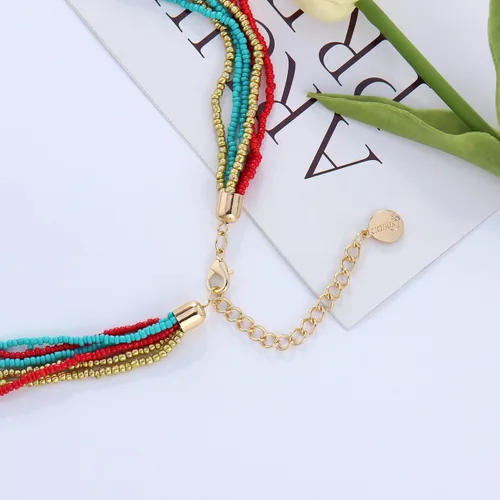 Vista 6 de Collar de cuentas de semillas de varias hebras con colgante de círculo, babero grueso, collar de racimo para mujer