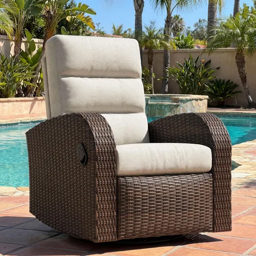 Vista 10 de LayinSun Sillón reclinable giratorio de mimbre de gran tamaño con respaldo ajustable y reposapiés, sillón reclinable para patio Gris