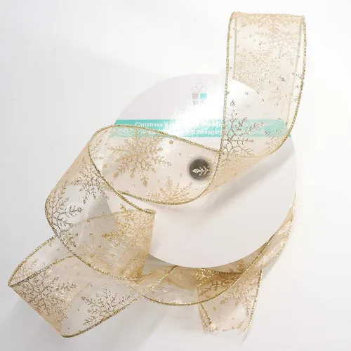 Vista 7 de Cinta con alambre de organza con copos de nieve dorados de champán para decoración navideña del hogar, lazo para la parte superior del árbol