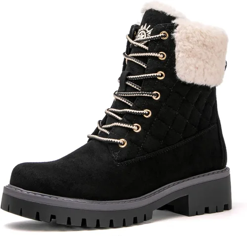 Vista 2 de GLOBALWIN Botas de tobillo acolchadas para mujer, botas de combate de moda, con cordones, tacón bajo, botines de piel cálida para mujer