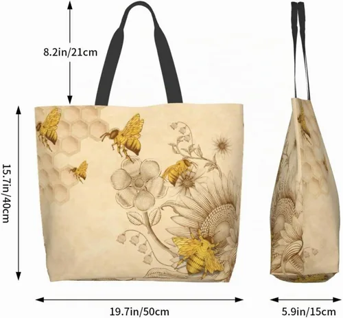 Vista 5 de Bolsa de compras grande reutilizable con mango fuerte respetuoso del medio ambiente Girasoles de abeja