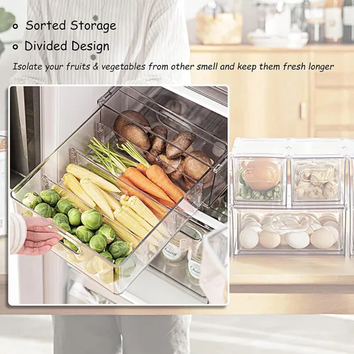 Vista 3 de Paquete de 3 contenedores organizadores de refrigerador con cajón extraíble, juego organizador de cajones apilables para refrigerador con asa