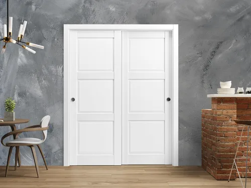 Vista 2 de Puerta corrediza SARTODOORS Lucia 2661 Bypass Interior Doors, sin vidrio, madera maciza, 36x80, blanco, accesorios de estilo clásico incluidos