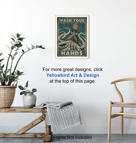 Vista 6 de Arte y decoración náutica de pulpo para pared de baño, divertida decoración de baño de playa, obra de arte de pared de baño, bonito póster