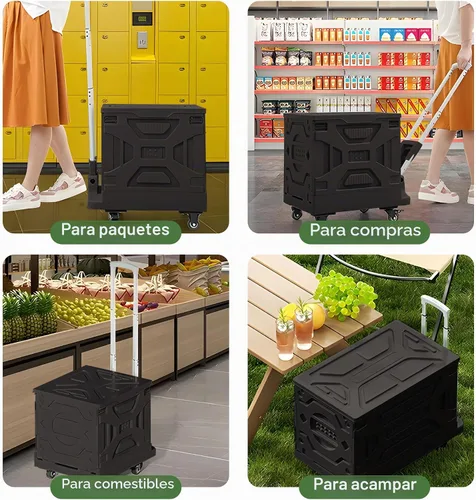 Vista 9 de VECELO Carrito de compras plegable 2 en 1 de 16 galones, carrito plegable con mango ajustable y ruedas de 360°, caja rodante de doble modo Negro