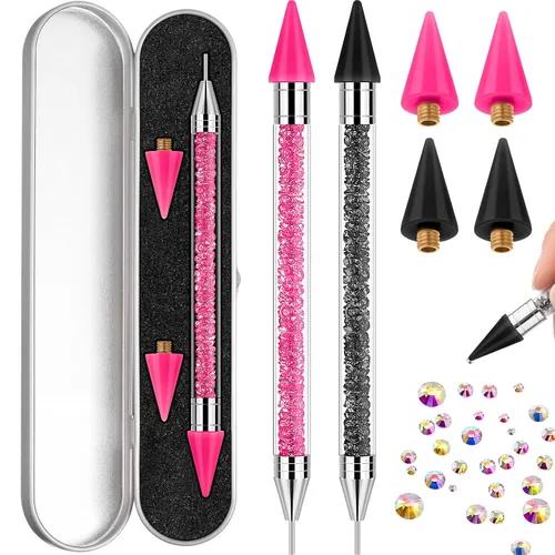 Vista 11 de 2 piezas de lápiz de cera con punta de diamante de imitación y pluma de punteado, selector de gemas de diamante de imitación de doble punta, lápiz
