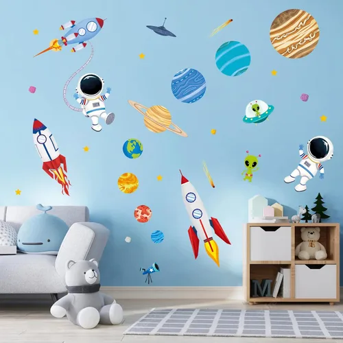 Vista 2 de decalmile Adhesivos de pared para niños, diseño de cohetes y planetas, astronauta