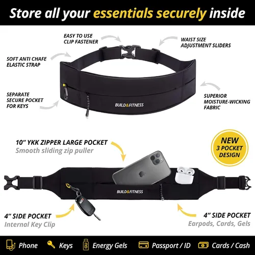 Vista 3 de BUILD & FITNESS Cinturón para correr con cremallera, cintura ajustable, delgado, ligero, cremallera YKK, clip seguro para llaves. Se adapta a todos