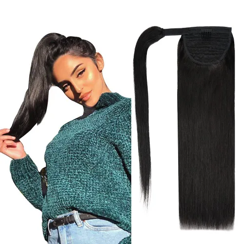 Vista 12 de Extensión de cola de caballo de cabello humano #4 marrón chocolate 100% Remy, extensión de cola de caballo recta envolvente alrededor de colas