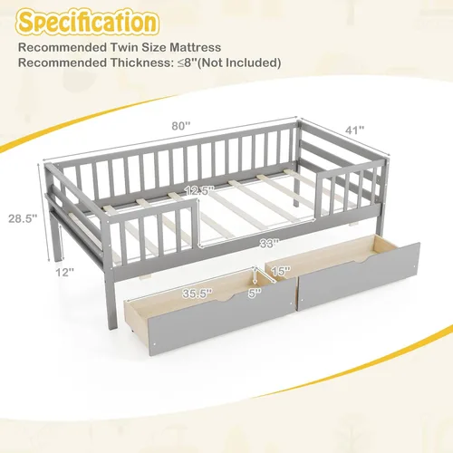 Vista 2 de KOMFOTT Base de cama individual de madera con rieles de valla y 2 cajones extraíbles, marco de cama individual para niños con estante lateral,