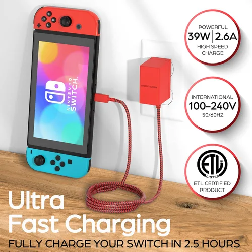 Vista 4 de Neptune Cargador para juegos de alta calidad, color rojo, compatible con Nintendo SwitchSwitch LiteSwitch OLED, Android, compatible con Nintendo