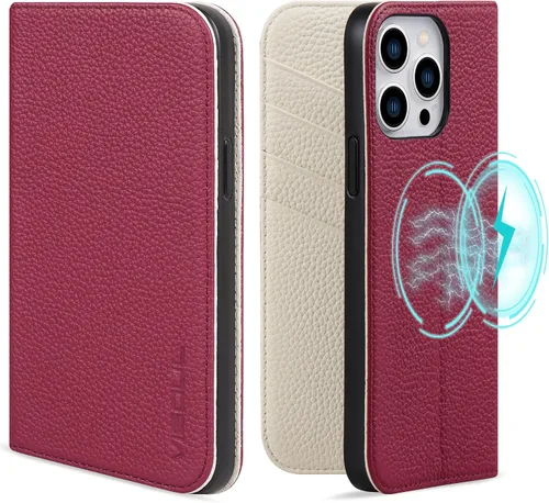 Vista 10 de VISOUL Pebbled - Funda de piel auténtica para iPhone 15 Pro Max con tarjetero y función atril magnético para iPhone 15 Pro Max (6.7 pulgadas)