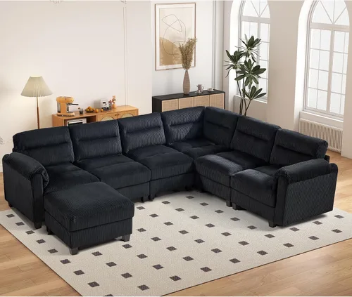Vista 26 de HAOMARKETS Sofá esquinero modular en forma de L de 115 pulgadas con 2 otomanas móviles, sofás de pana de 8 plazas con cojín grueso para sala de Beige
