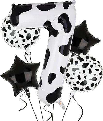 Vista 6 de Globo de 40 pulgadas con estampado de vaca con número 0 globos blancos con estampado de vaca, temática de vaquera, para niños, 10º cumpleaños