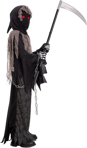 Vista 2 de Grim Reaper Costume for KidsPhantom Halloween Costume with Red Glowing EyesSkull Gloves Scythe included Black