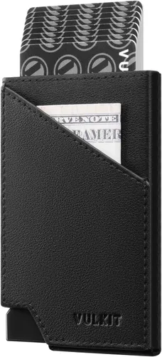 Vista 9 de VULKIT Cartera de tarjetas desplegable con bloqueo RFID, funda delgada de aluminio para tarjetas bancarias con bolsillo para dinero de negocios