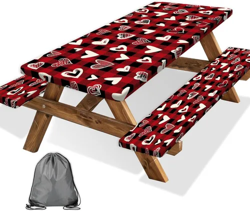 Vista 68 de Funda para Mesa de Picnic con Fundas para Bancos y Bolsa, Campista de Madera Impermeable Resistente al Viento, Cubierta de Mantel Ajustada con Borde