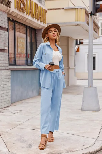 Vista 2 de Zeagoo Conjunto de 2 piezas de lino para mujer, camisa con botones y pantalones largos con cordón, conjuntos de verano