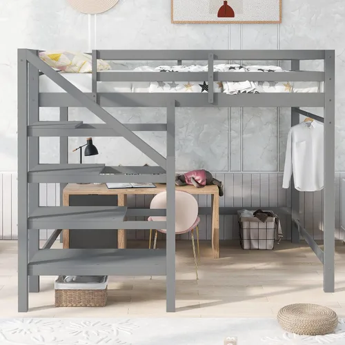 Vista 12 de Cama loft multifuncional de tamaño matrimonial con escritorio integrado, 6 cajones de almacenamiento y estante, marco de cama de madera con escalera