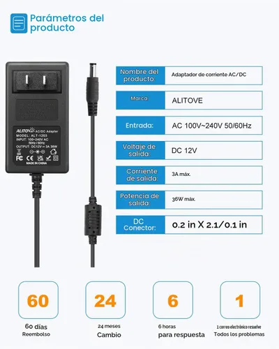 Vista 2 de ALITOVE Fuente de alimentación de 12V 3A DC 12 voltios 3A 36W AC/DC adaptador de corriente 100 ~ 240V AC a DC 12V Convertidor, Negro