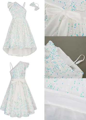 Vista 5 de GRACE KARIN Vestido de lentejuelas de un hombro para niñas, vestido de fiesta alto y bajo para 5-14 años