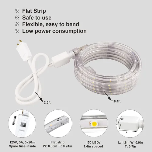 Vista 5 de Tira de luces LED blancas frías de 16.4 pies, 5000 K, para exteriores, 120 V IP65, plana Luz diurna