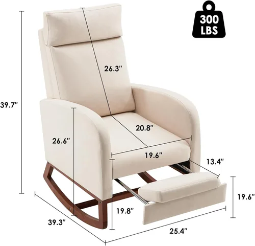 Vista 2 de Silla mecedora para guardería, balancín de respaldo alto con reposapiés, color beige Rocking Chair Nursery with Footrest Storage Pocket