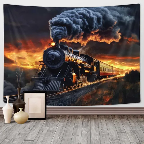 Vista 24 de Tapiz de Tren de Vapor, Tapices de Paisaje Otoñal de Tren de Motor Antiguo Decoración para Niños, Tapices de Arte de Acuarela de Bosque de Montaña