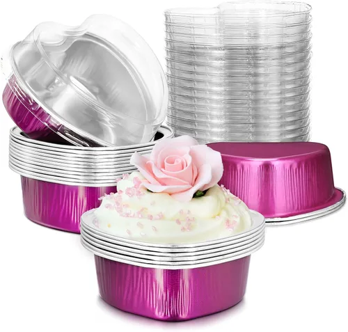 Vista 7 de Juego de 40 moldes de papel de aluminio para tartas en forma de corazón con tapas, 3.4 fl oz/3.4 onzas, desechables, mini tazas para hornear