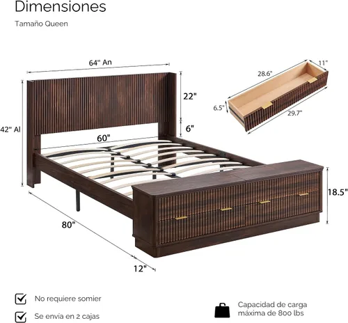 Vista 2 de T4TREAM Cama Queen acanalada con cabecera y banco de almacenamiento, nogal Nogal oscuro