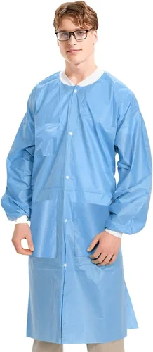 Vista 2 de Paquete de 10 abrigos de laboratorio desechables Abrigo de laboratorio duradero de 1.76 oz SMS hasta la rodilla, reutilizable, con puños