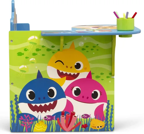Vista 4 de Escritorio con silla Baby Shark con compartimento de almacenamiento - Ideal para artes y manualidades, hora de merienda, educación en casa, tareas