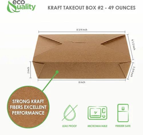 Vista 2 de [400 paquetes] Recipientes para alimentos de 49 oz de papel kraft marrón para sacar cajas de comida resistentes al microondas y a la grasa