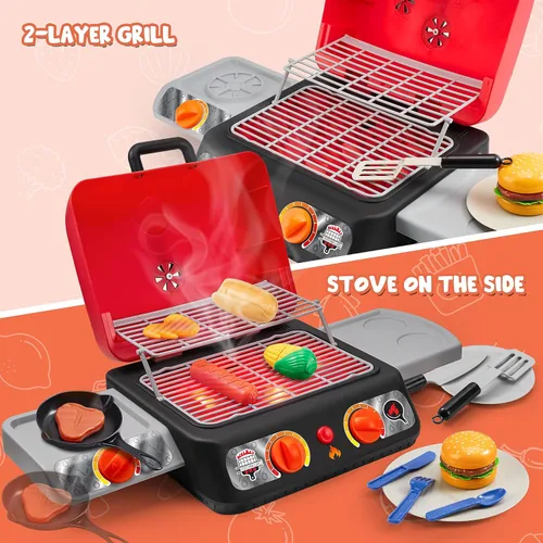 Vista 8 de Juego de parrilla para barbacoa para niños, juego de juguetes de cocina con humo de simulación, luz, sonido y alimentos que cambian