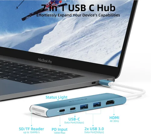Vista 2 de WALNEW Hub USB-C 7 en 1 con HDMI 4K, 100 W PD, puerto de datos de 5 Gbps (1 tipo C y 2 USB 3.0), lector SD/TF, adaptador multipuerto Thunderbolt 4