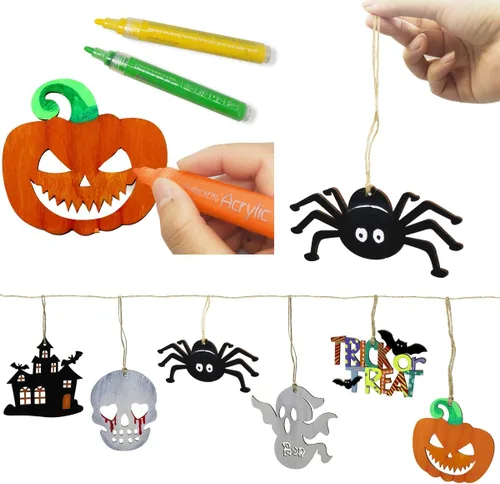Vista 4 de Hidreas 60 piezas de adornos de madera sin terminar de Halloween, kit de manualidades de Halloween, recortes de madera con 60 cuerdas de cordel