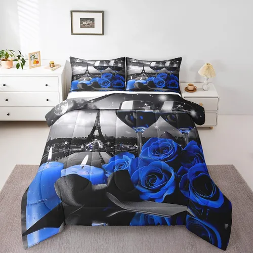 Vista 14 de Juego de edredón de rosas rojas, tamaño individual, juego de ropa de cama floral rojo degradado negro para niñas, mujeres, niños, adolescentes