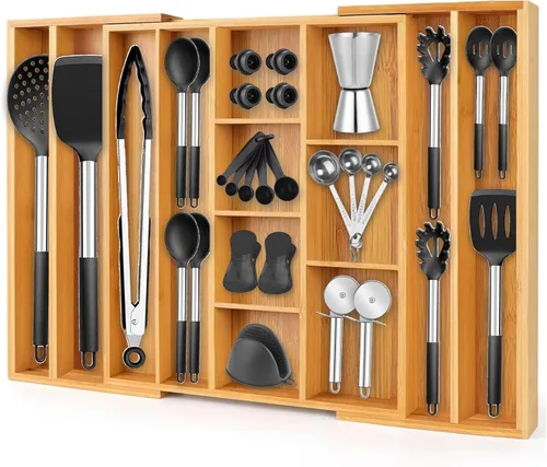 Vista 8 de Organizador de cajones expandible de bambú de alta calidad: organizador de cajones de cocina expandible y bandeja de utensilios con divisores