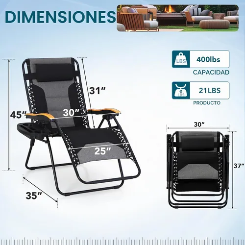 Vista 3 de MFSTUDIO Sillas Zero Gravity, silla reclinable de gran tamaño para patio, silla plegable acolchada con bandeja portavasos, soporta 400 libras