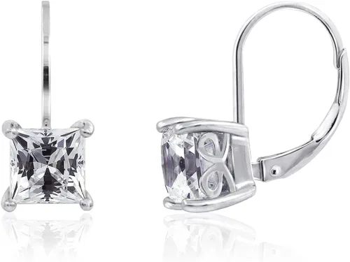 Vista 7 de Amazon Essentials Aretes colgantes de plata de ley con cierre de palanca de corte princesa hechos con elementos infinitos de circonita cúbica