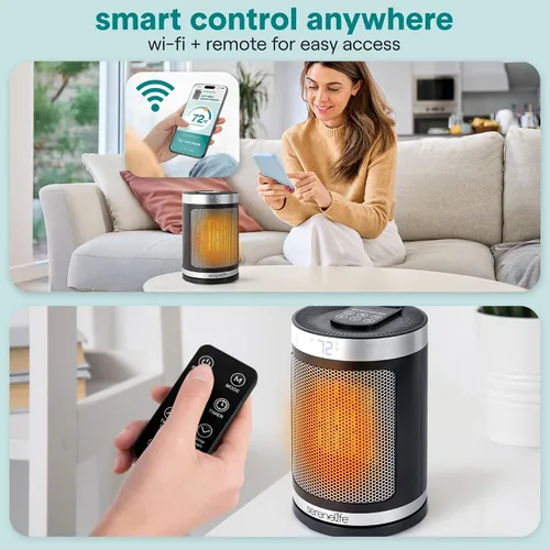 Vista 4 de SereneLife Calentador de espacio inteligente: calentador eléctrico para interiores de 1500 W con termostato, control remoto, temporizador de 12