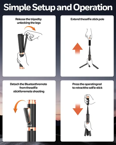 Vista 8 de Trípode selfie stick para iPhone y Android, soporte de trípode portátil para teléfono con control remoto Bluetooth, apertura de un clic, compacto