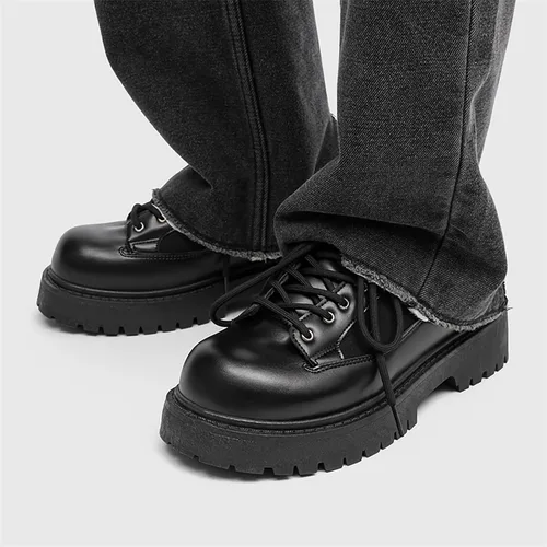 Vista 5 de Zapatos Oxford de cuero negro para hombre, tacón grueso, plataforma con cordones, zapatos casuales para caminar para uso diario al aire libre