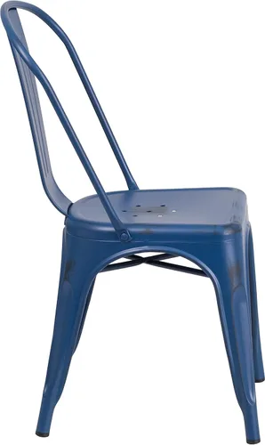 Vista 7 de Merrick Lane Banks - Silla apilable de comedor, marco de metal azul antiguo, acabado con recubrimiento en polvo envejecido, respaldo de listones