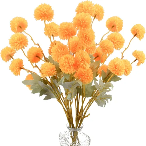 Vista 7 de Mandy's 6 tallos de seda beige Kiku flores de bola Tallos artificiales de crisantemo para decoración del hogar, verano, arreglo floral sintético