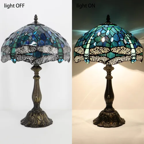 Vista 5 de Tiffany Lamp Stained Glass Table Lamp Bedside Reading Light W12H19 Inches (Sea Blue Dragonfly Style)