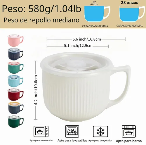 Vista 3 de Tazón de sopa de cerámica con asa y tapa, tazón grande de 32 onzas para Blanco 32